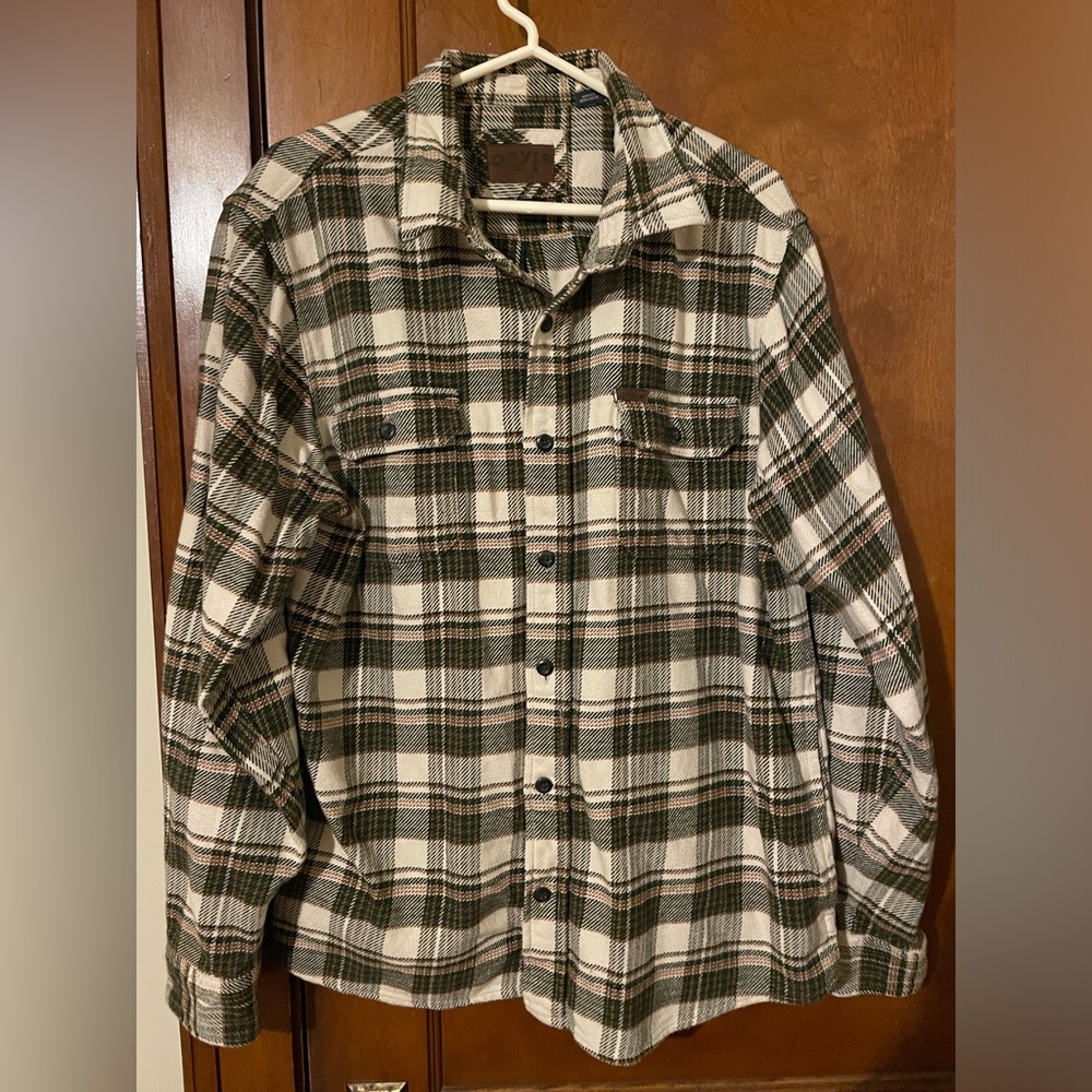 Large olive, orange, and white flannel
